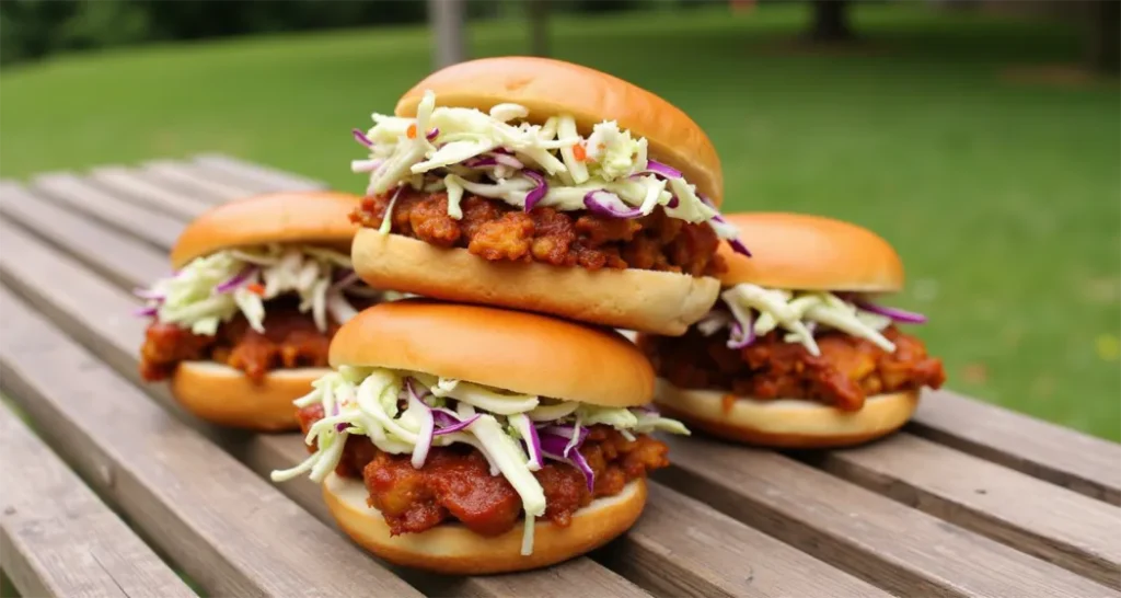 BBQ jackfruit sandwiches with tangy coleslaw served on soft buns at a campsite