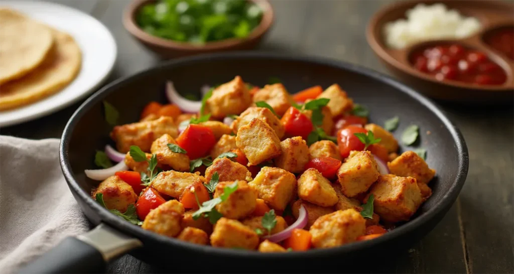 Campfire chicken fajitas with sizzling peppers and onions served with tortillas