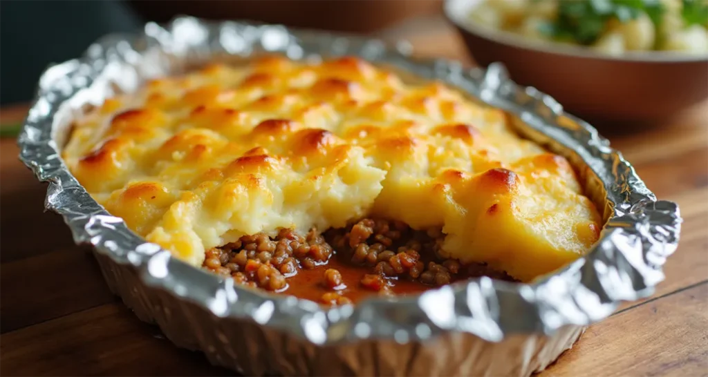 Campfire shepherd's pie with ground beef and golden mashed potatoes cooked over an open fire