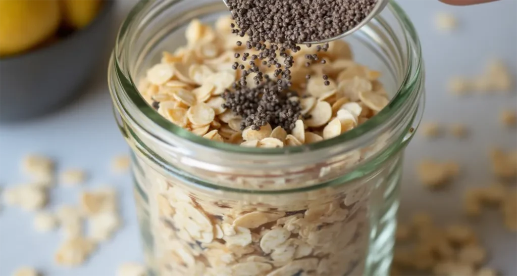 Close-up of rolled oats and chia seeds being added to a mason jar