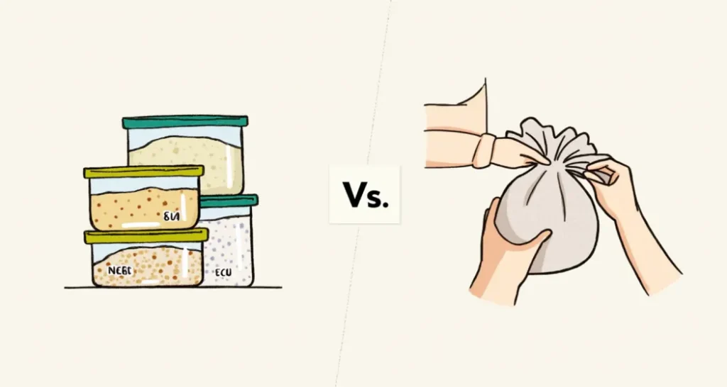 image of bulk food storage being transferred to reusable bags.