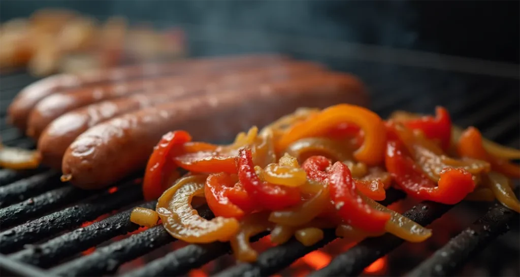 Camping Dinner Ideas :Grilled sausages with caramelized peppers and onions over an open campfire