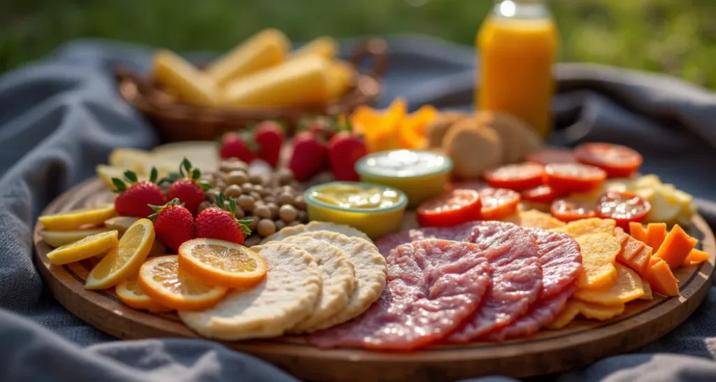 Camping Lunch Ideas :snack box with cheese, crackers, and fresh vegetables, perfect for quick outdoor meals