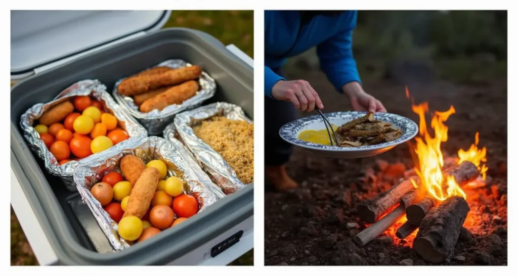 showing prepped camping meals in a cooler versus assembling fresh ingredients around a campfire