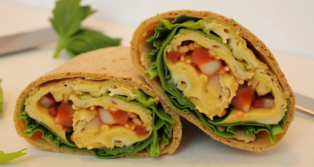 Slicing the wrap into halves, showcasing the vibrant filling