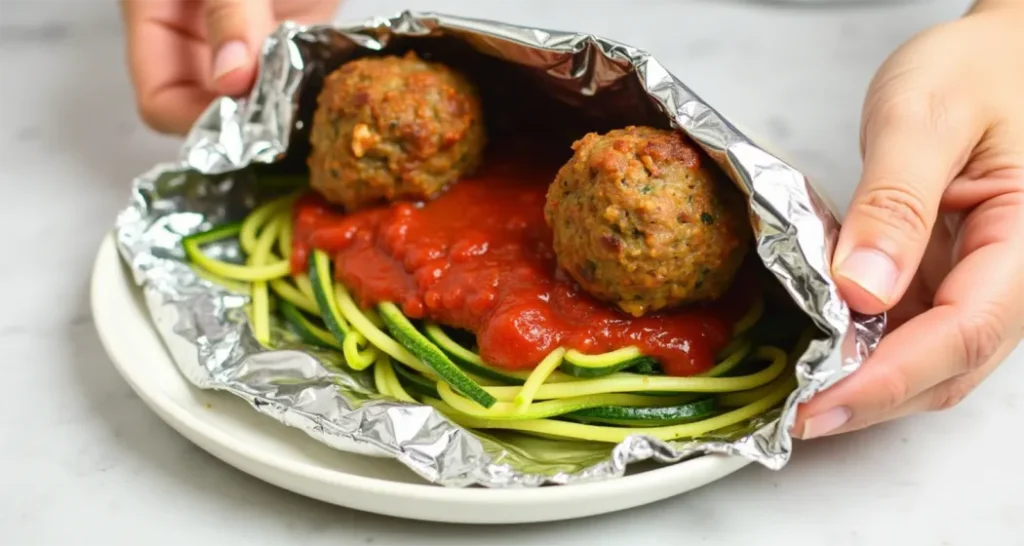 Turkey meatball foil packets with marinara sauce and zucchini noodles, cooked over campfire coals