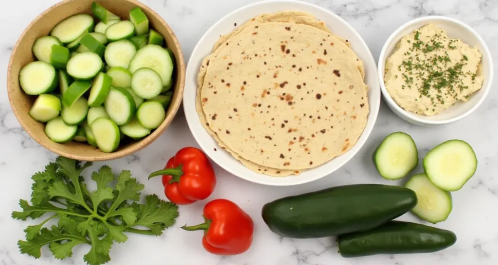 Flat-lay of ingredients including tortillas, hummus, and fresh vegetables