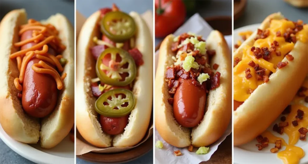 Image carousel featuring close-ups of high-quality hot dogs, gourmet buns, and various toppings like jalapeños, bacon bits, and nacho cheese.
