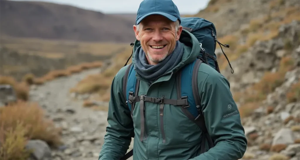 Hiker dressed in layered clothing for a camping trip.