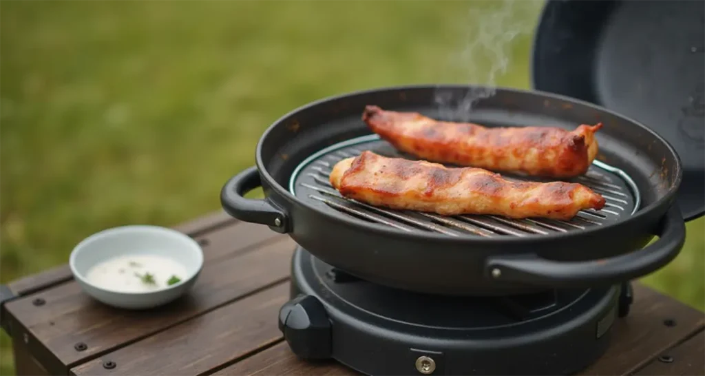 Portable camping stove cooking pasta at a campsite.
