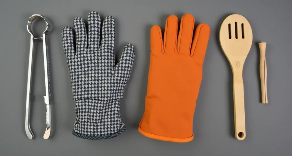 Flat-lay of essential camping cooking tools: tongs, heat-resistant gloves, wooden spoon, and trivet