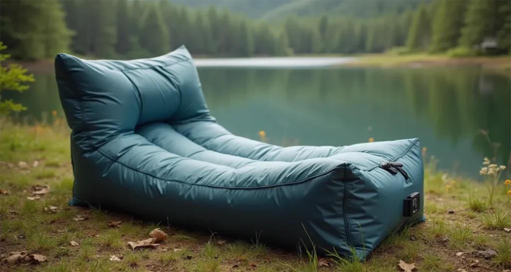 Lightweight inflatable camping couch set up by a scenic lake.
