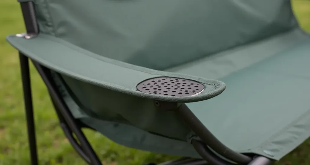 Close-up of a camping couch made with weather-resistant nylon and powder-coated metal frames.
