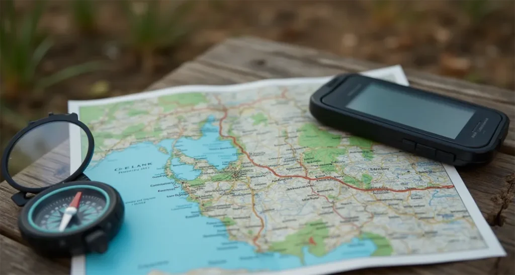 Navigation tools including a map, compass, and GPS for camping.