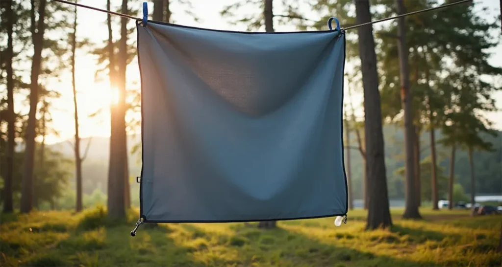 Quick-dry microfiber towel hanging on a line at a campsite.
