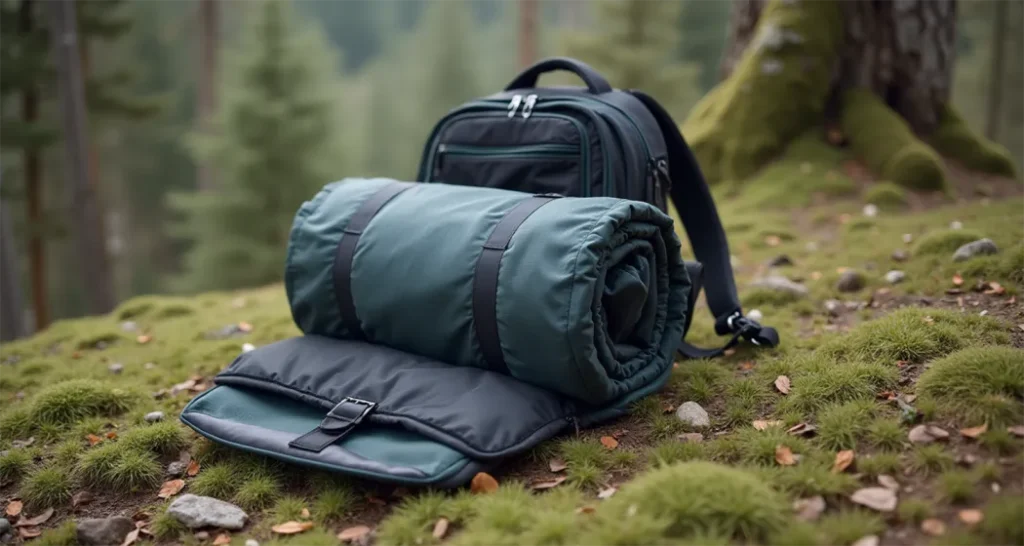 A foldable camping rug packed into a backpack for portability
