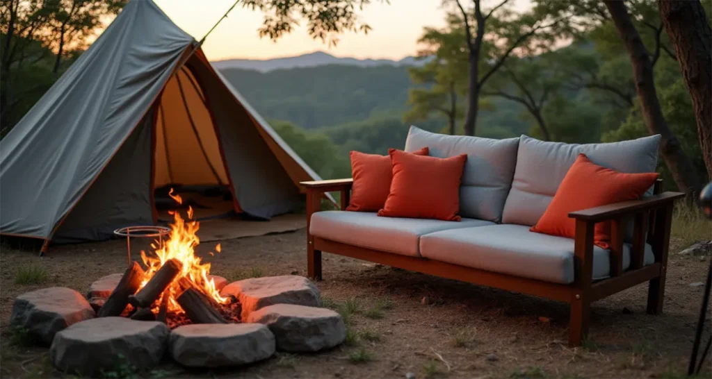 Luxury camping setup with a reclining camping couch by a fire pit in a forest setting.