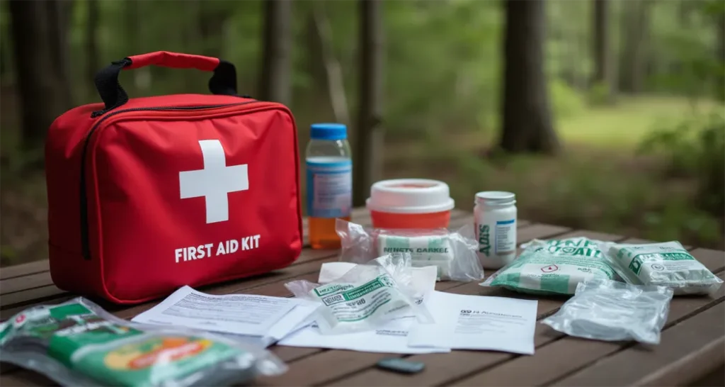 Compact first aid kit with essential supplies for camping.