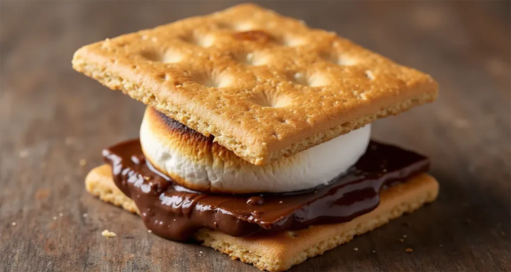 Golden toasted marshmallow and chocolate being sandwiched between graham crackers by a campfire