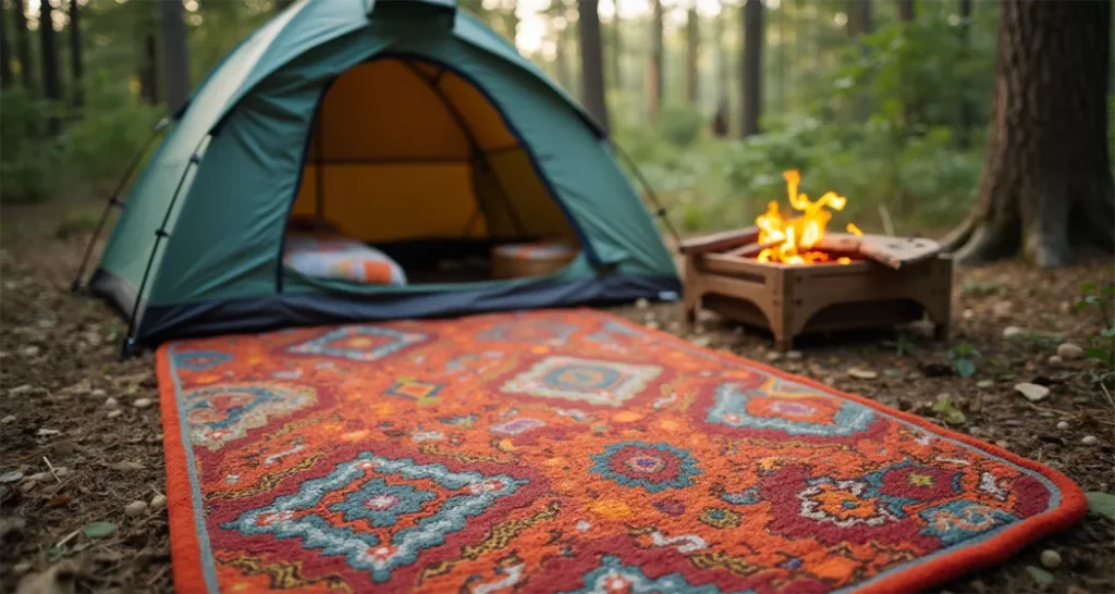 A stylish camping rug with vibrant patterns creating a cozy campsite ambiance