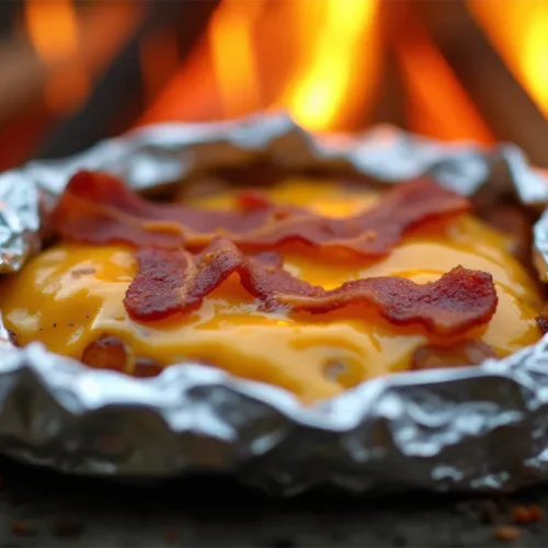 Cheesy Potato and Bacon Foil Pack cooked over a campfire, topped with melted cheddar and crispy bacon