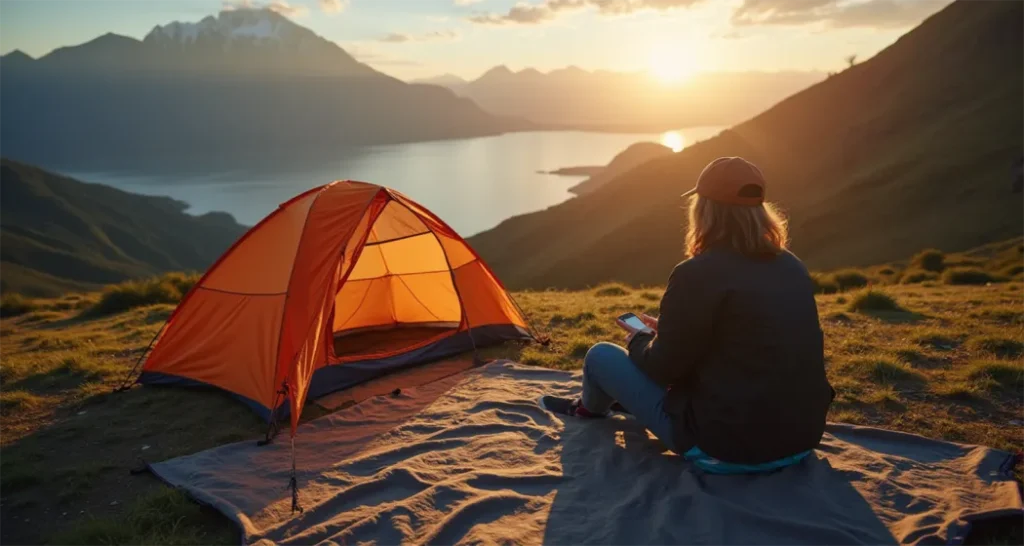 solo camper enjoying their campsite enhanced by a premium camping rug.