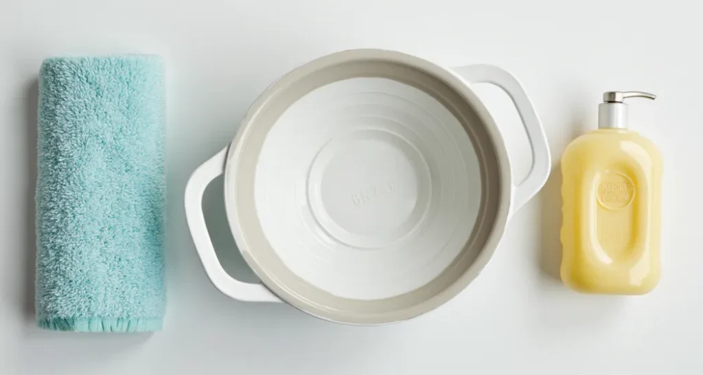 Flat-lay image of essential camping sink items for outdoor trips.