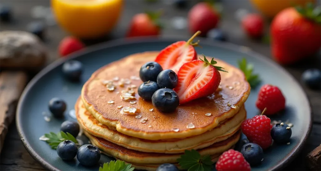 Easy Camping Meals for Family: Campfire pancakes topped with fresh blueberries, bananas, and chocolate chips.