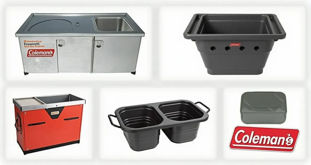 Collage of the best camping sinks including Sea to Summit Kitchen Sink and Coleman Folding Double Wash Basin.