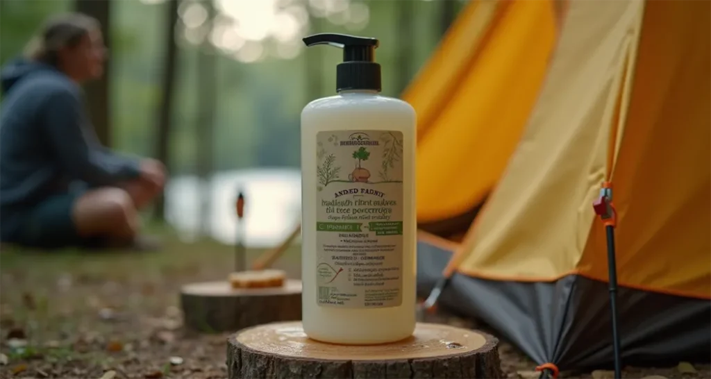 Biodegradable soap being used responsibly at a campsite.
