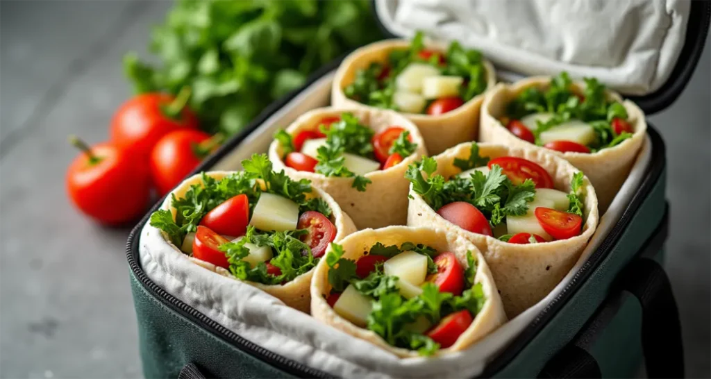 Camping wraps with tuna salad packed in a cooler with fresh vegetables.