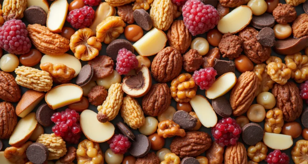 DIY trail mix with nuts, dried fruits, pretzels, and chocolate chips.