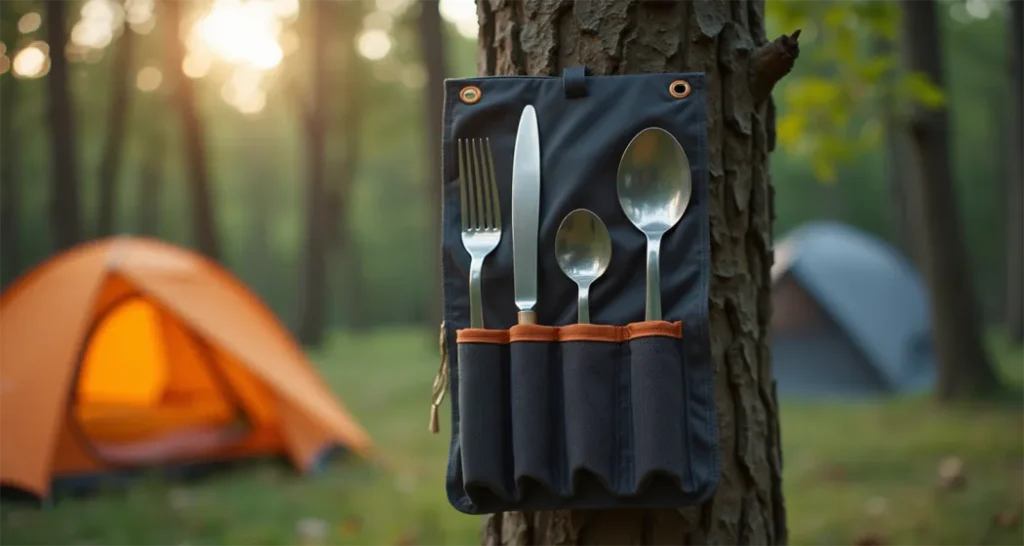 Camping utensil roll neatly packed and hanging on a tree at a campsite.