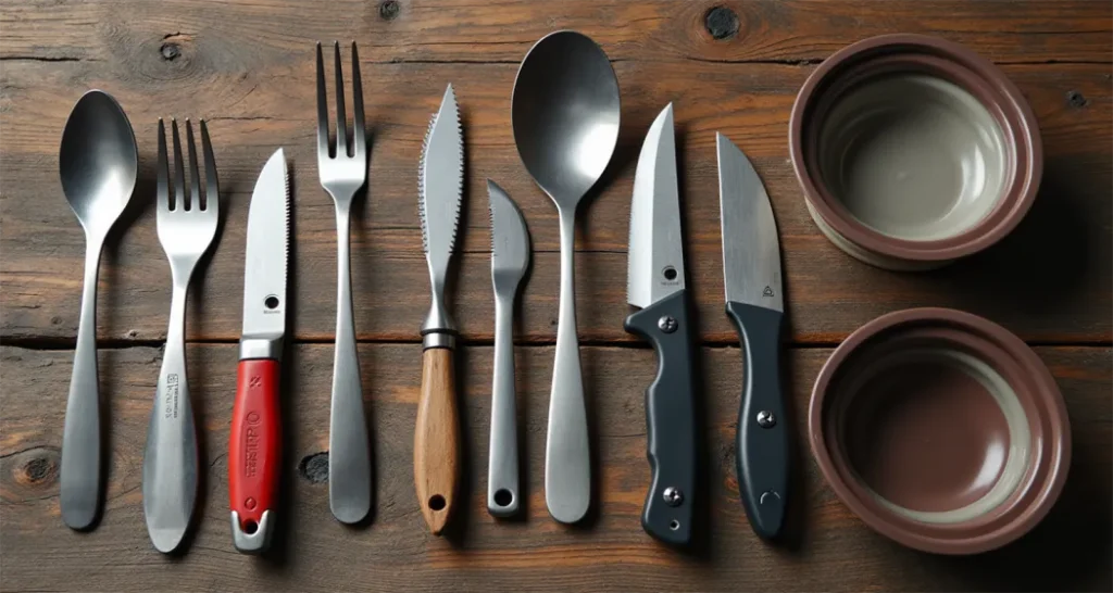 Flat-lay image of sporks, folding knives, and collapsible bowls on a wooden surface.