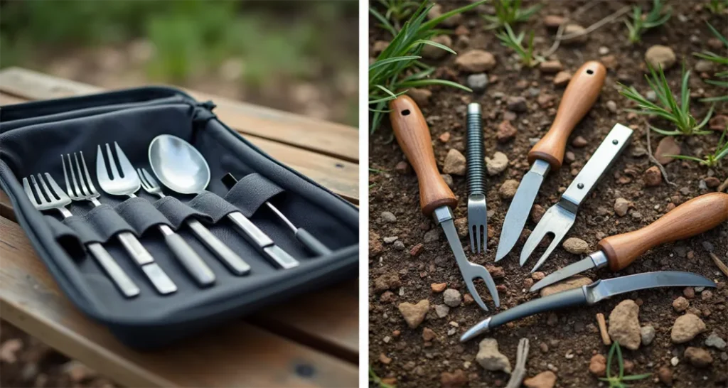 Comparison of a well-organized camping utensil set and scattered tools in a campsite.